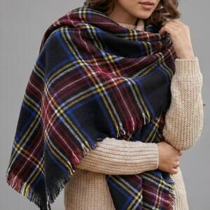 Twig & Arrow NEW NWT Black Yellow Blue Red Plaid Blanket Scarf Acrylic